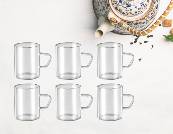 HARMONY Dünne Teegläser Kaffeegläser mit Henkel Borosilikat Glas 6er Set