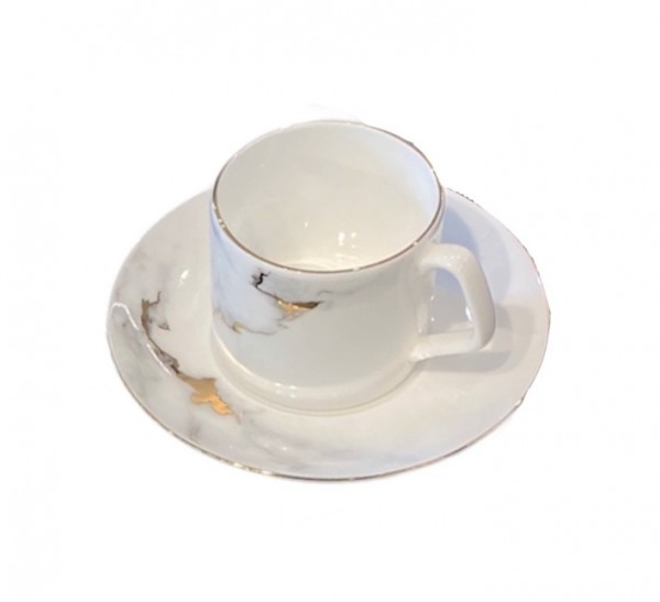 Premium Tee- und Kaffeetassen Set DRANCY Marmor Weiß-Gold 12-teilig